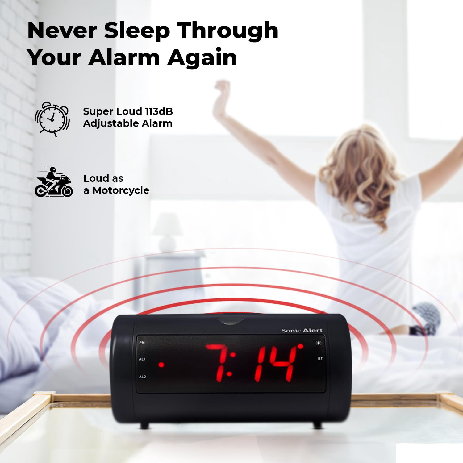 Sonic Alert - Sonic Blast Digital Alarm Clock With Bluetooth Speaker, AUX, USB Charging Port - Black