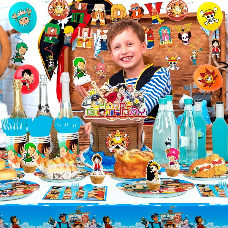 One Piece Birthday Party Supplies, 117pcs One Piece Party Decorations & Tableware Set - One Piece Banner Balloons Hanging Swirls Cake Topper Plates Cups etc One Piece Birthday Decorations for Kids