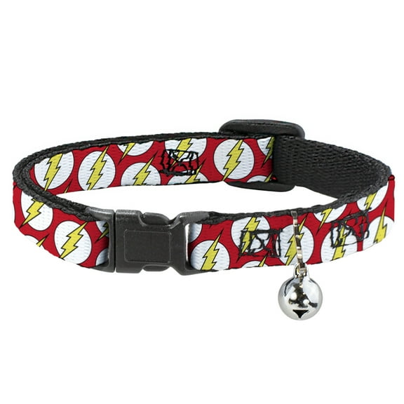 DC Comics Cat Collar, Breakaway Collar with Bell, Flash Logo Scattered Red White Yellow, 8.5 to 12 Inches 0.5 Inch Wide