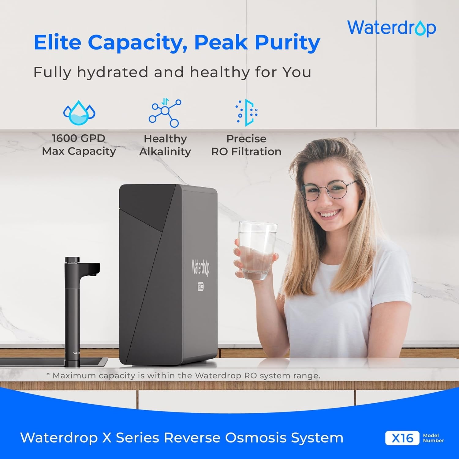 Restored Waterdrop X16-Alkaline Tankless Reverse Osmosis System, 1600 GPD , 11-Stage Filtration, 3:1 Pure to Drain, (Refurbished)