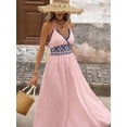 thumbnail image 6 of Pink Womens Backless Geometric Embroidered Maxi Vacation Dress With V-Neck And Waist Band, 6 of 6