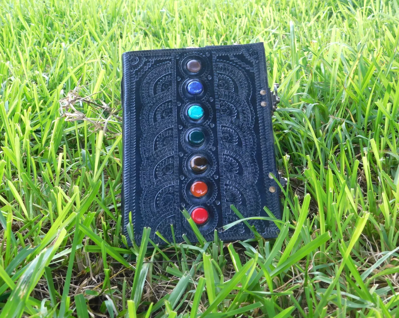 Handcrafted Embossed Vintage Design Leather Bound Journal Diary Pentagram 5 Stone Grimoire Spell Blank Notebook For Men & Women