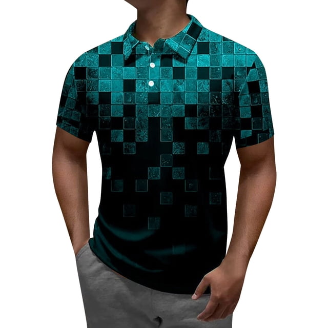Polo à Rayures en Polyester Vert pour Hommes, Mode Été Décontractée Impression Numérique 3D Col à Revers Bouton Manches Courtes