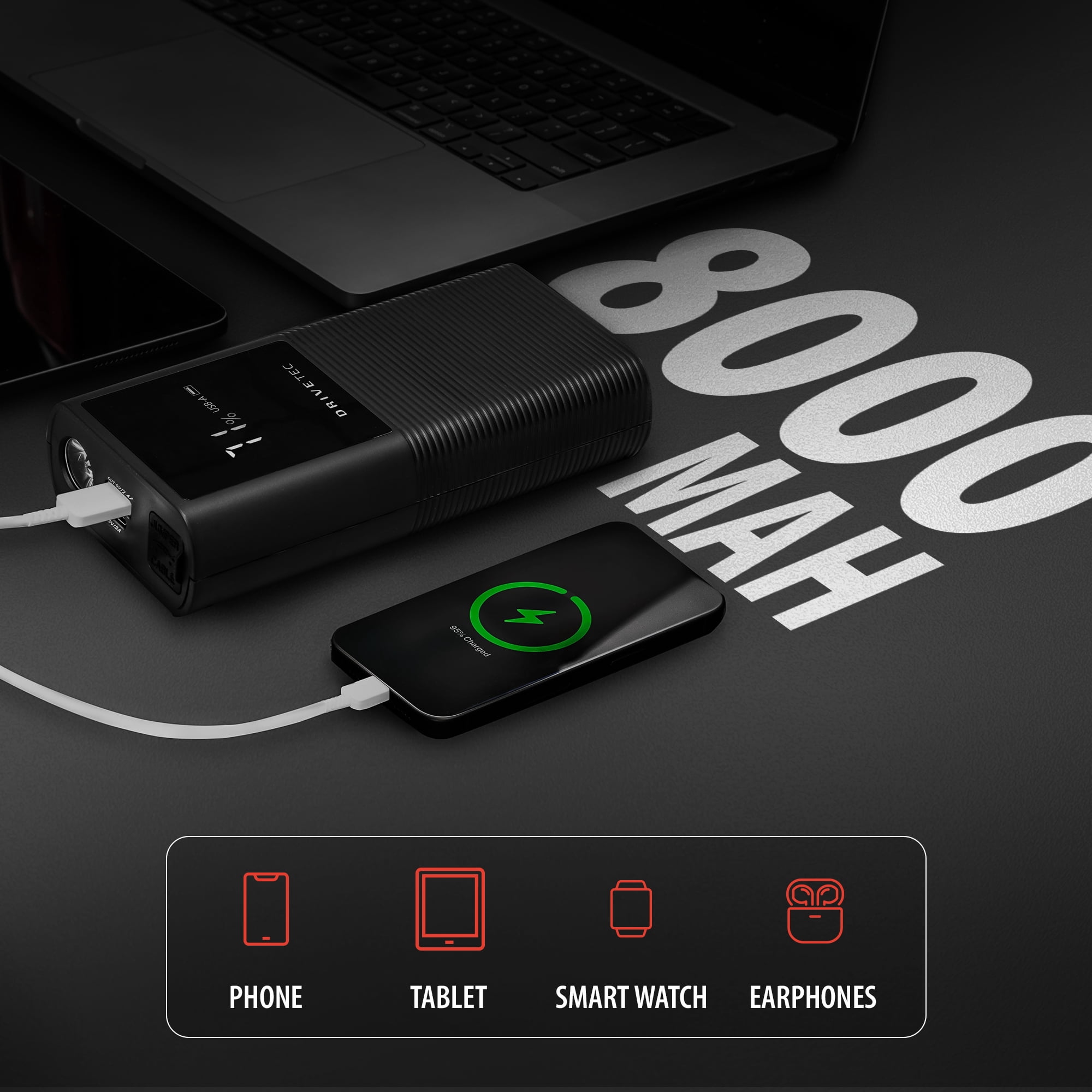 Drivetec 3-in-1 Portable Car Jump Starter – 1000A Battery Booster for 12V Vehicles, Up to 6.0L Gas & 3.0L Diesel – Compact Power Bank with LCD Display, USB-C, LED Flashlight, Smart Safety Clamps