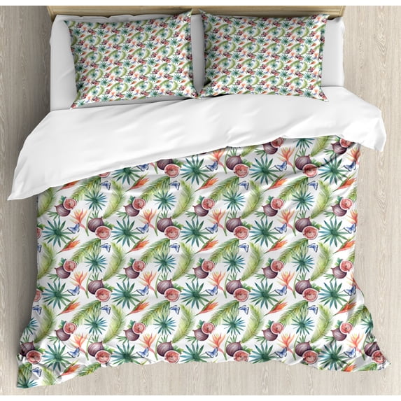 Watercolor Duvet Cover Set King Size, Illustration of Whole or Sliced Figs and Palm Leaves Aloha Vibes, Decorative 3 Piece Bedding Set with 2 Pillow Shams, Multicolor, by Ambesonne