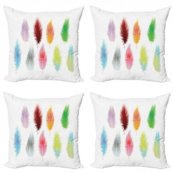 Ambesonne Feather Throw Pillow Cover 4 Pack, Bohemian Colorful Fluff, 18", Multicolor