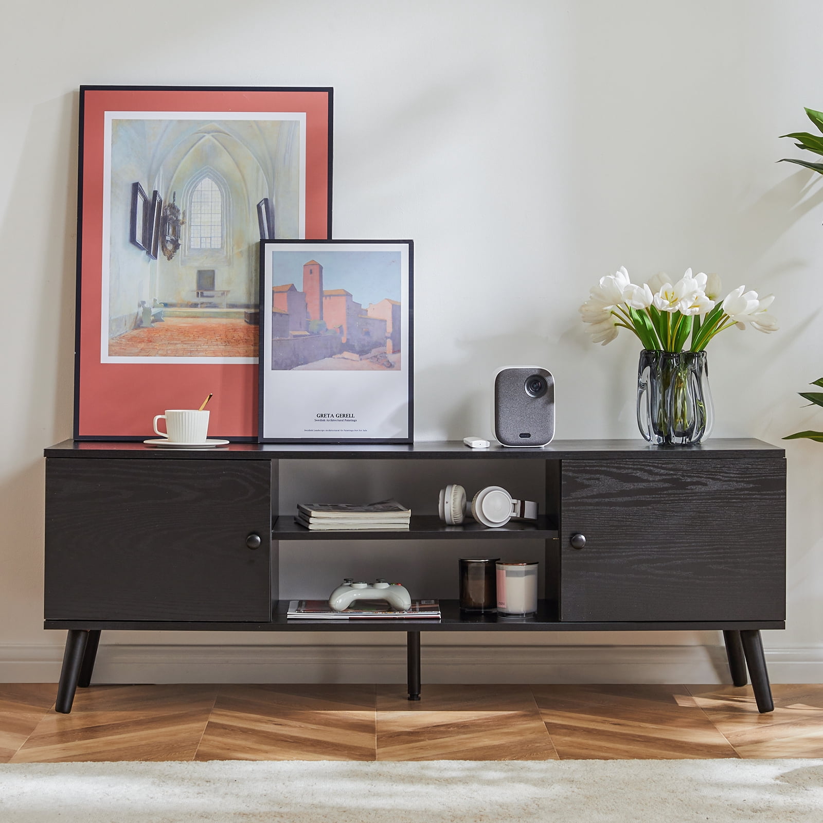 CONCETTA Wood TV Stand with 2 Storage Cabinets, Modern Entertainment Center for TVs up to 60 inches, Media Console with Adjustable Shelves and Cable Management, Black