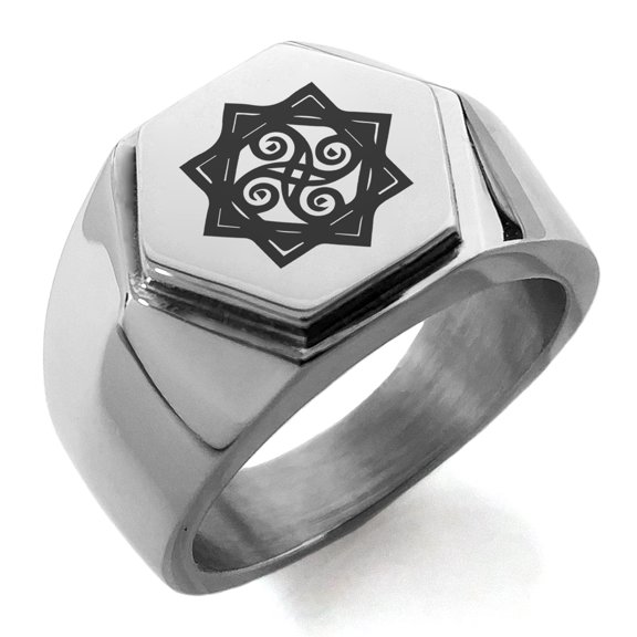 Stainless Steel Shadow Magic Rune Engraved Hexagon Crest Flat Top Biker Style Polished Ring