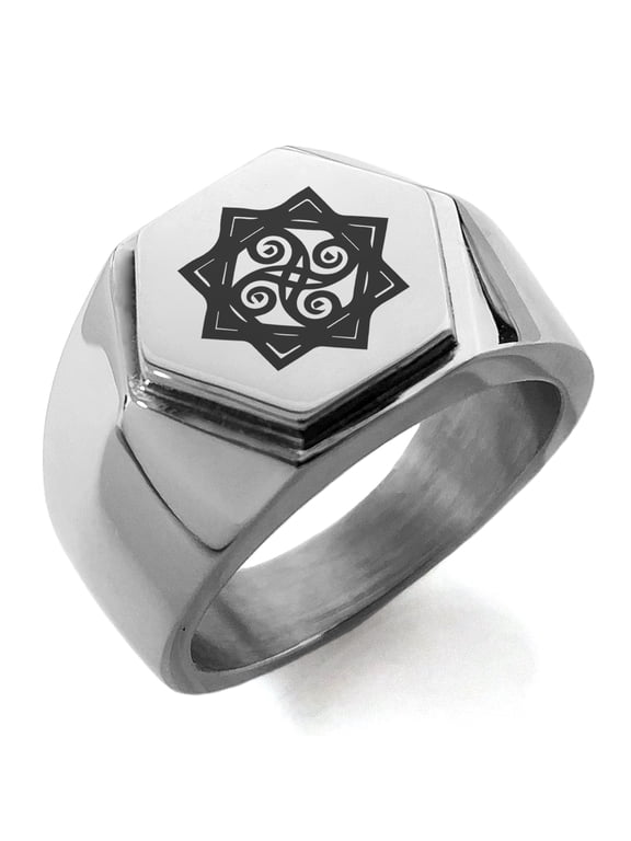 Stainless Steel Shadow Magic Rune Engraved Hexagon Crest Flat Top Biker Style Polished Ring