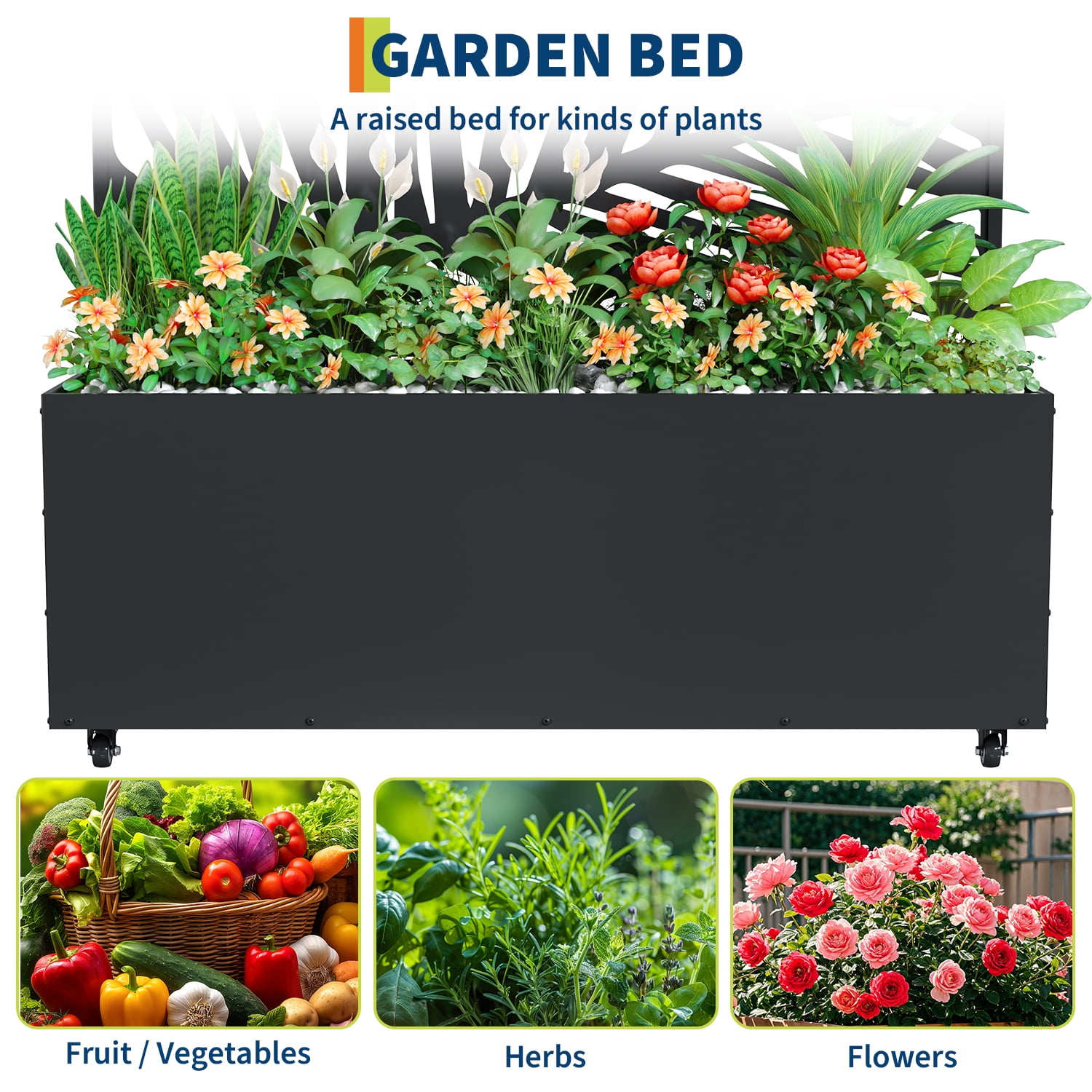 Ataucjin 16" Deep Planting Bed with Drainage Holes,Metal Planter Box with Trellis, Raised Garden Bed with Wheels, Deep Privacy Screen for Climbing Plants,47"X16"X71"