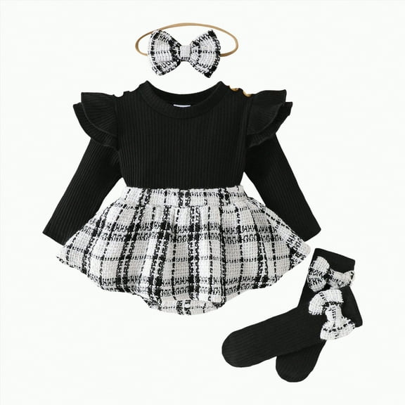 HCNTES Baby Girl Fall Winter Outfits Long Sleeve Plaid Skirt Romper Dress Headband Socks Set Fashion Clothes(Black&1,3-6 Months)