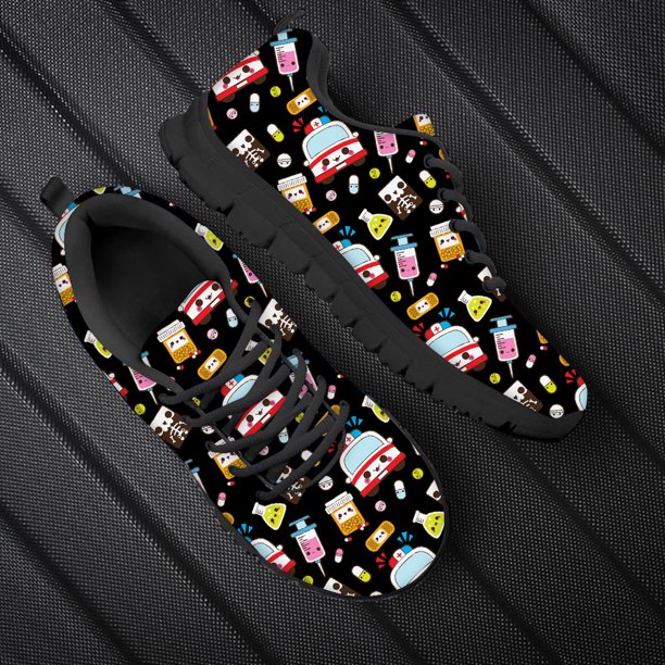 Zapatillas Doginthehole de primavera y otoño con bonitos dibujos de ambulancias y estampado de enfermera, zapatos planos informales con cordones para mujer, zapatillas para correr de malla