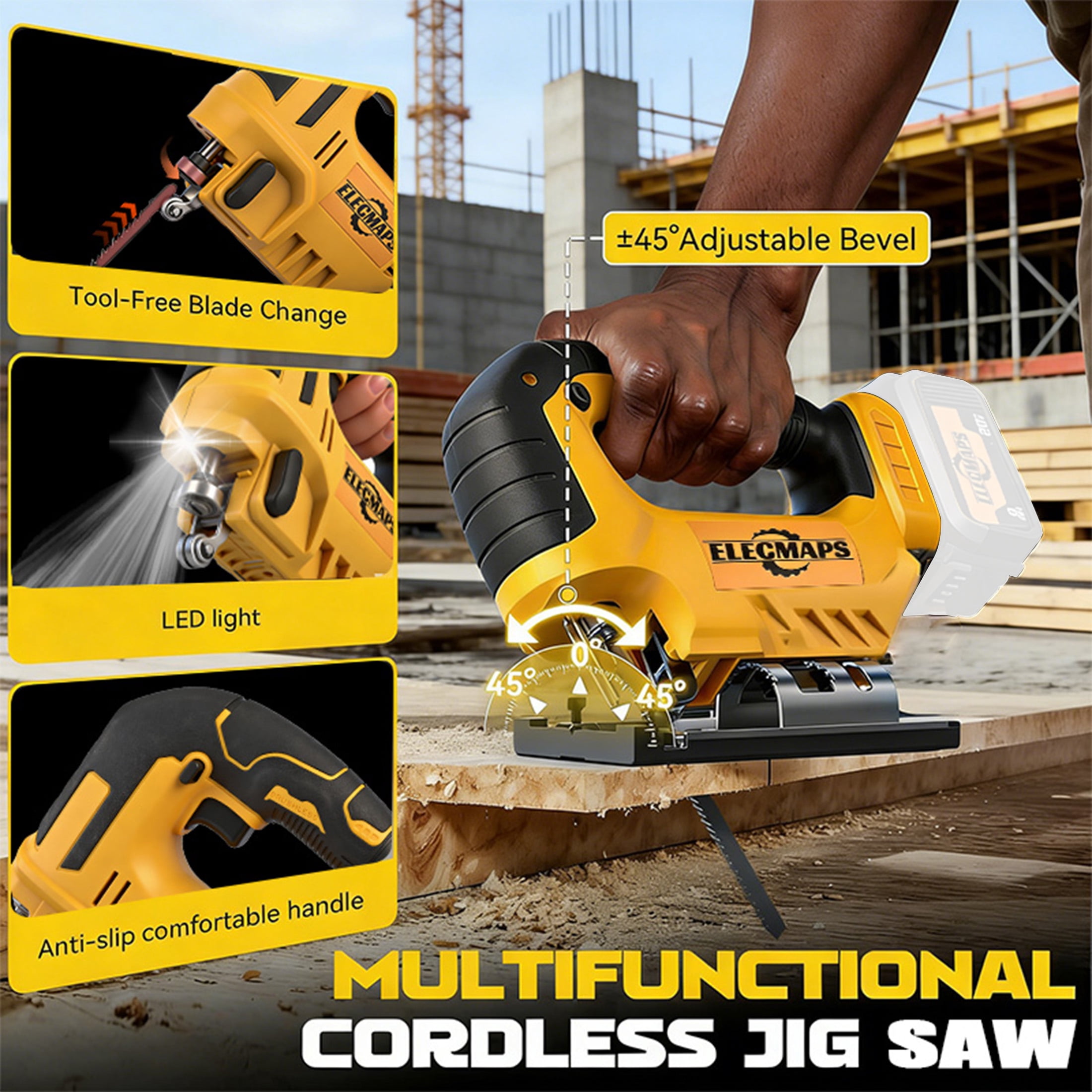 ELECMAPS 750W Cordless Jigsaw Power Saw 2700 SPM, Multi Tool Heads Included, For Wood Metal PVC Cutting, DIY Home Improvement & Professional Use, Compatible with Dewalt 20V Batteries (Tool Only)
