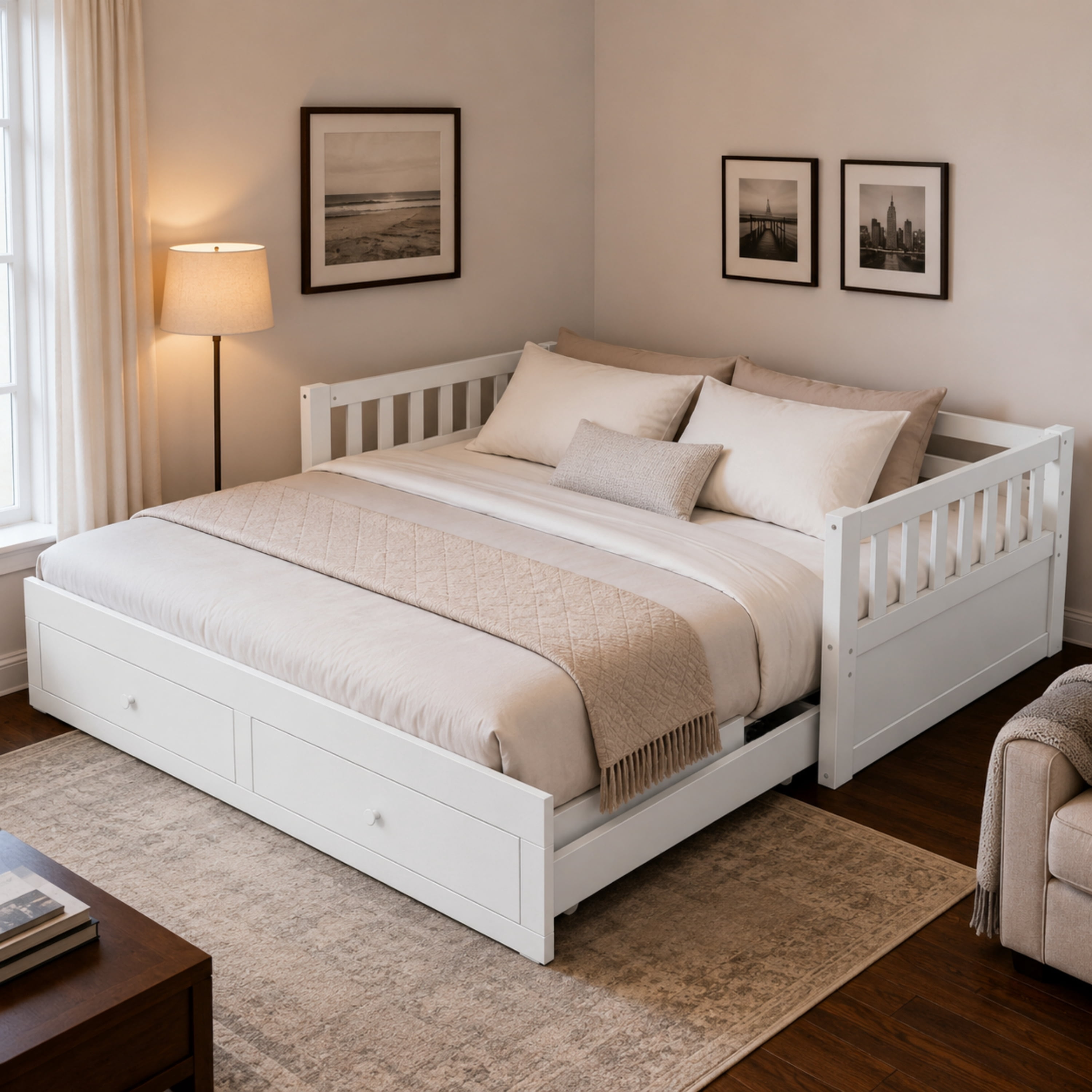 Euroco Wood Twin to King Size Daybed with Pull-out Trundle, Convertible Bed Frame with Drawers, No Box Spring Needed, White
