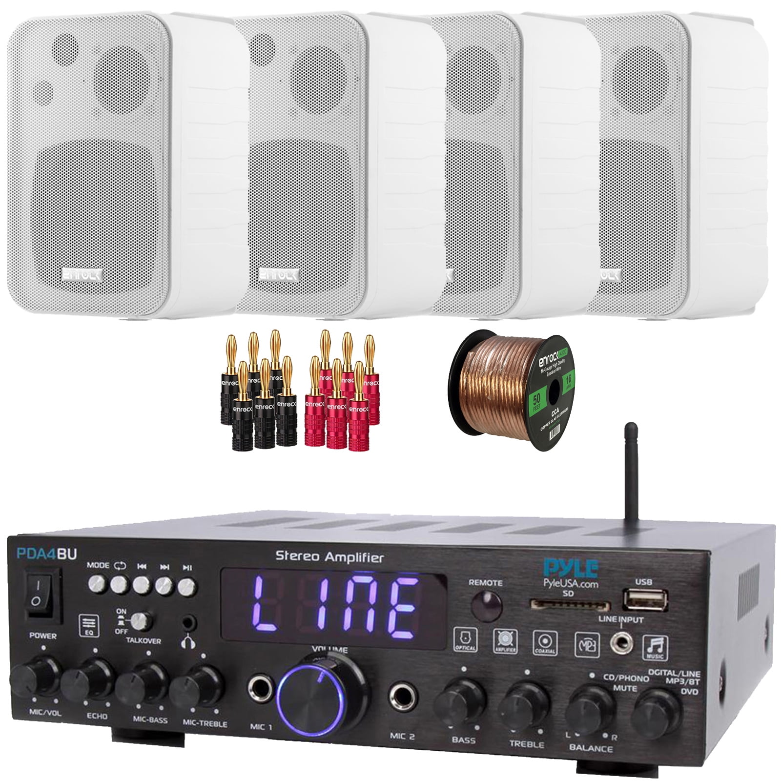 Pyle PDA4BU 200 Watt Wireless Bluetooth Multi-Channel Home Audio Stereo Amplifier Receiver, 4x Enrock EKMR408W 4" 30 Watt Max Power 3-Way Indoor/Outdoor White Box-Speakers, Banana Plugs, Speaker Wire