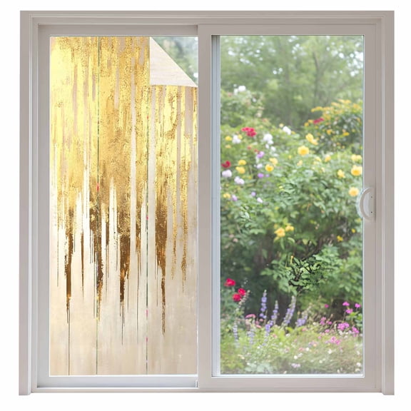 Abstract Gold Window Privacy Film, Modern Brush Luxury Strokes Artwork Static Cling UV Sun Blocking Heat Control Window Tint Day and Night, Non-Adhesive One Way Windows Privacy Cover 35.4''x78.7''