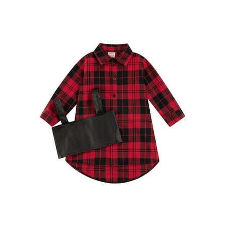 

Binpure Kids Girls Dress Set Long Sleeve Plaid Dress with PU Leather Camisole