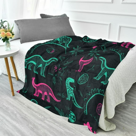 70x55 Inches Glow in The Dark Blanket Cozy Throw Camping Blankets for Home and Outdoor Use Cute Green Dinosaurs