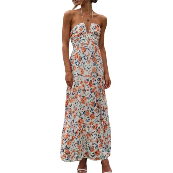 Women's Floral Halter Neck Tiered Maxi Dress with Slight Stretch and Partially Lined Bodice for Elegant Summer Wear