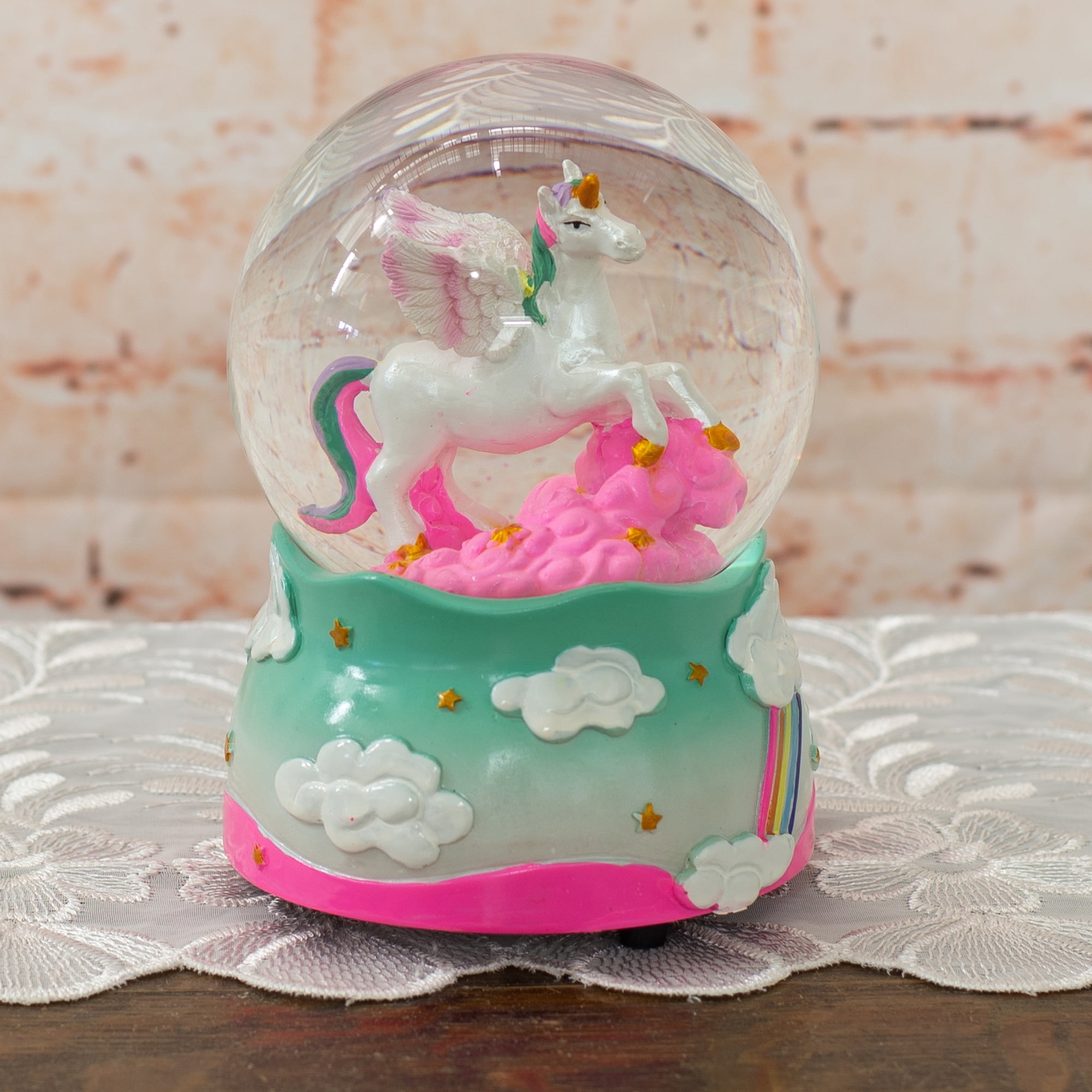Unicorn Rainbows on Teal Musical Figurine 100MM Water Globe Plays Tune The Unicorn