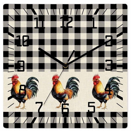 Black White Plaid Rooster Wooden Wall Clock Silent Non Ticking, Vintage Farmhouse Checkered Rustic Square Wall Clocks Battery Operated, Decor Clock for Home Office, Living Room, Kitchen, 10 Inch