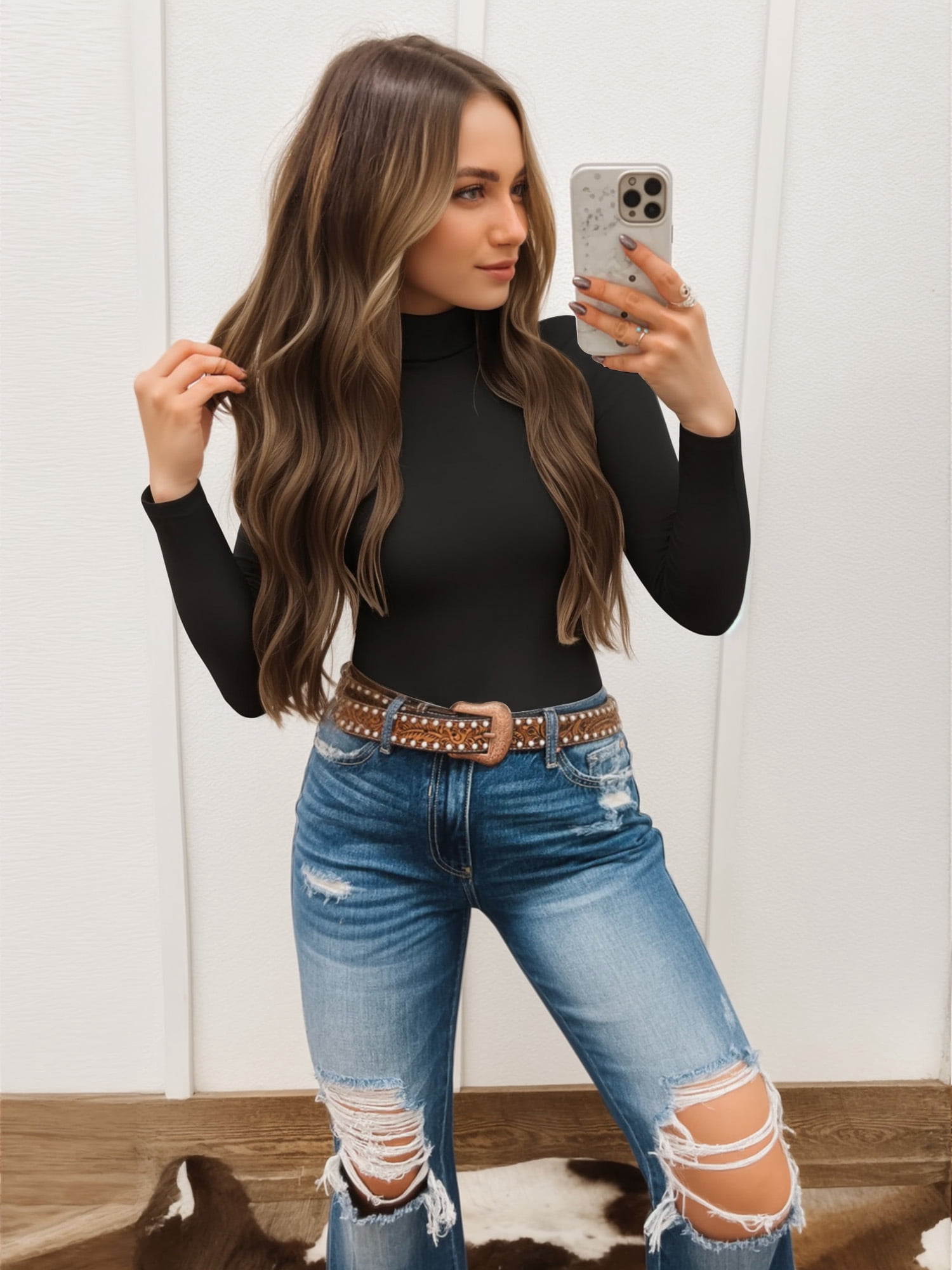 Mock Turtleneck for Women Long Sleeve Fitted Shirts Tight Tops Tees