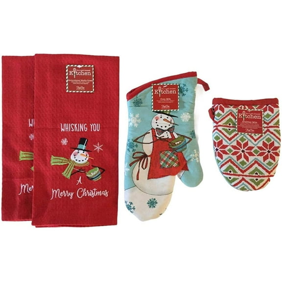Kay Dee Design Snowman Baking Design 4 Pc Set Waffle Towels Oven Mitt Pot Holder Gift for Bakers