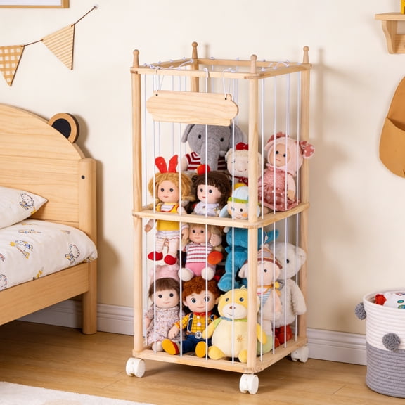 Toy Storage Organizer - Wooden Large Organizer Holder for Kids' Room and Playroom - Plush Zoo Holder with Elastic Cords & Brake Wheel for Toddler Bedroom Toy Stuff Organization