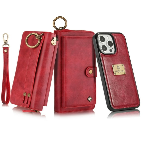 Dteck for iPhone 15 Pro Max Wallet Case, Heavy Duty 2 in 1 Leather Zipper Purse Detachable Magnetic 14 Card Slots Money Pocket Clutch Cover for Apple iPhone 15 Pro Max,Red