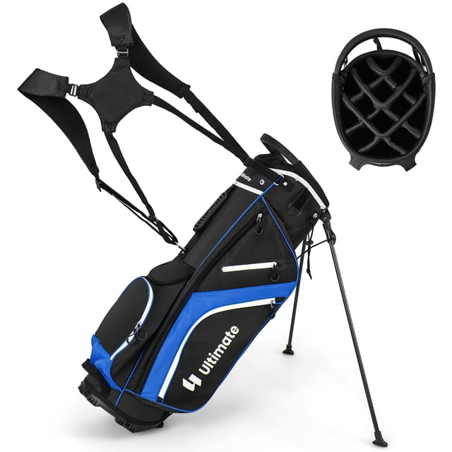 Gymax Golf Stand Bag Golf Club Bag in blue with 14-way top dividers and 6 zippered pockets. Designed for golf enthusiasts, it features padded dual shoulder straps, anti-slip legs, and a triangle support system for stability. Includes a cooler bag, shoe pocket, and rain hood for club protection. Lightweight and suitable for travel or storage.