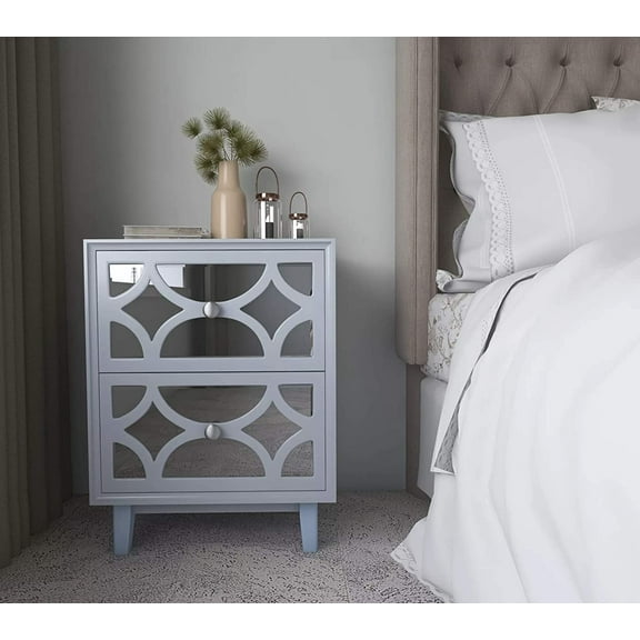 Modern Contemporary 2-Drawer Nightstand, Accent Front Mirror Nightstand, for Small Spaces, Bedroom, Light Gray