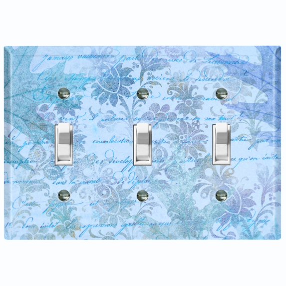 Metal Light Switch Plate Outlet Cover (Blue Leaf Letter Damask LET007)