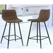 EiweLive Bar Stools Set of 2, Low Back Counter Height Bar Stool with Faux Leather Pub Chairs, Brown