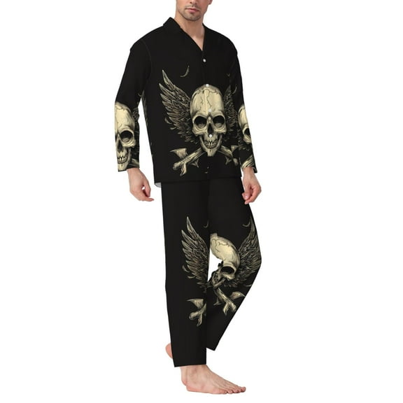 Mens Pajamas Set - Gothic Winged Skull Comfy Long Sleeve Button Up Pajama Sets for Men 2 Piece, Soft Sleepwear Nightwear Pjs Lounge Sets for Men with Pockets