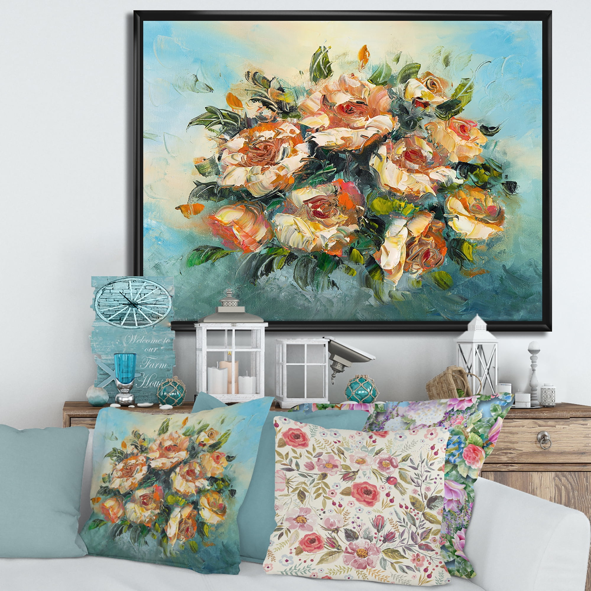 Ancient Flowers Bouquet Of Dark Pink Flowers 20 in x 12 in Framed Painting Canvas Art Print, by Designart