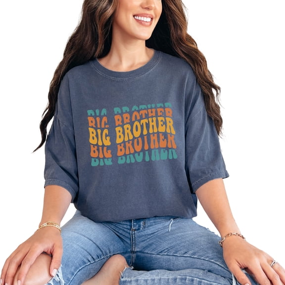 Big Brother, Family or Younger Sibling Themed, Groovy Retro Wavy Text, Denim Comfort Colors T-Shirt, Small