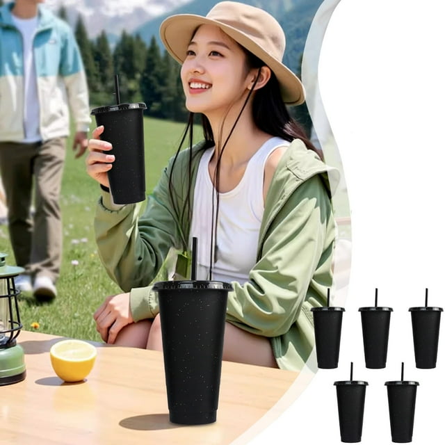 Kieccall 710ml Glitter Tumbler Set 5 Pack Plastic Straw Cups For Home Office Iced Coffee Fruit Tea Serving