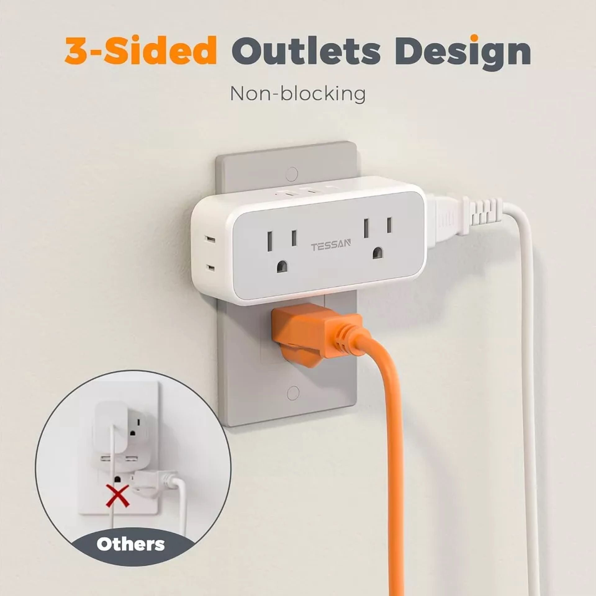 FLINT - Wall Outlet Adapter Extender Surge Protector 4 Outlet 3 Usb(1 Usb C) For Home