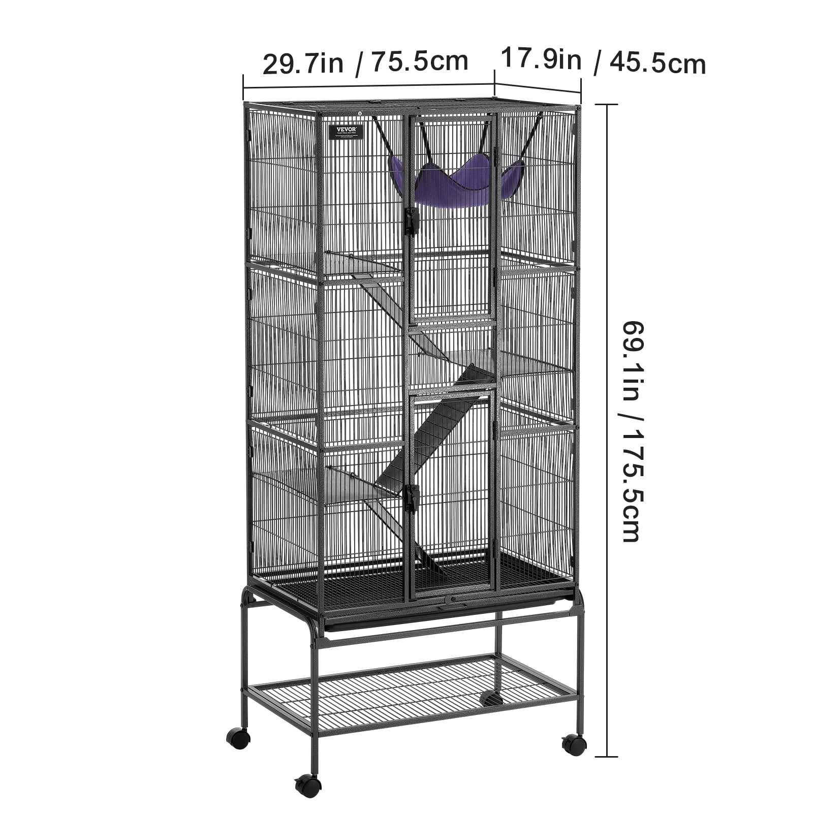 VEVOR 69" Rolling Metal Ferret Cage, Large 4-Tier Small Animal Cage with Ramps & Tray, Easy to Set up for Pet Rats, Hamster, Guinea Pig, Chinchilla, Squirrel, Hedgehogs, Bunny