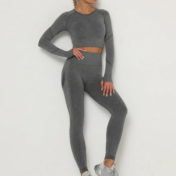 Idoravan Women Sets Clothing Clearance Ladies Seamless Hollow Yoga Long Sleeve Yoga Suit Sports Fitness Running Yoga Set