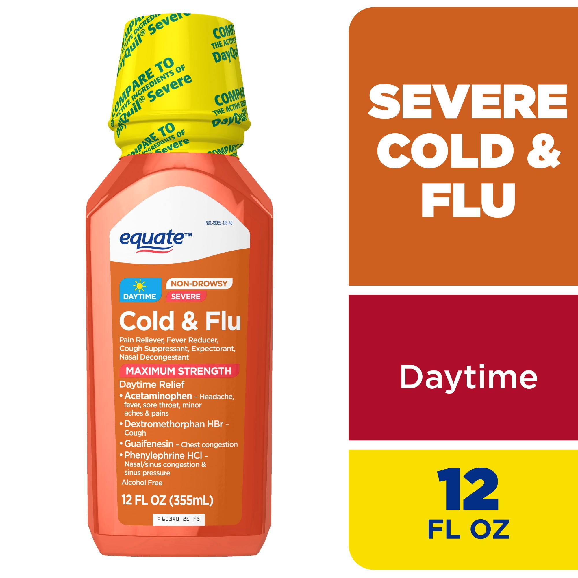 Equate Non Drowsy Daytime Severe Cold & Flu Liquid, Original Flavor, 12 Fl Oz, Cold and Flu Medicine for Adults and Children 6 and over, Compare to Vicks® DayQuil® Severe Active Ingredients