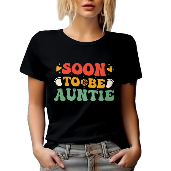 Soon to Be Auntie - Pregnancy Announcement, Baby Shower or Gender Reveal Party, Black T-Shirt, Small