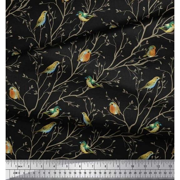 Soimoi Black Cotton Duck Fabric Leaves & Flowerpecker Bird Fabric Prints By Yard 44 Inch Wide