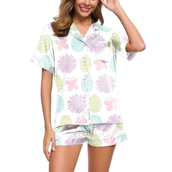 Pajama Set for Women Lightweight Silky Satin Short Sleeve Sleepwear Loungewear
