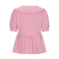 thumbnail image 5 of JGGSPWM Women's Tie Front Top Short Puff Sleeve Peplum Shirt Y2K Cute Ruffle Hem Babydoll Blouse Lapel Doll Collar Stripe Summer Shirt Pink S, 5 of 8