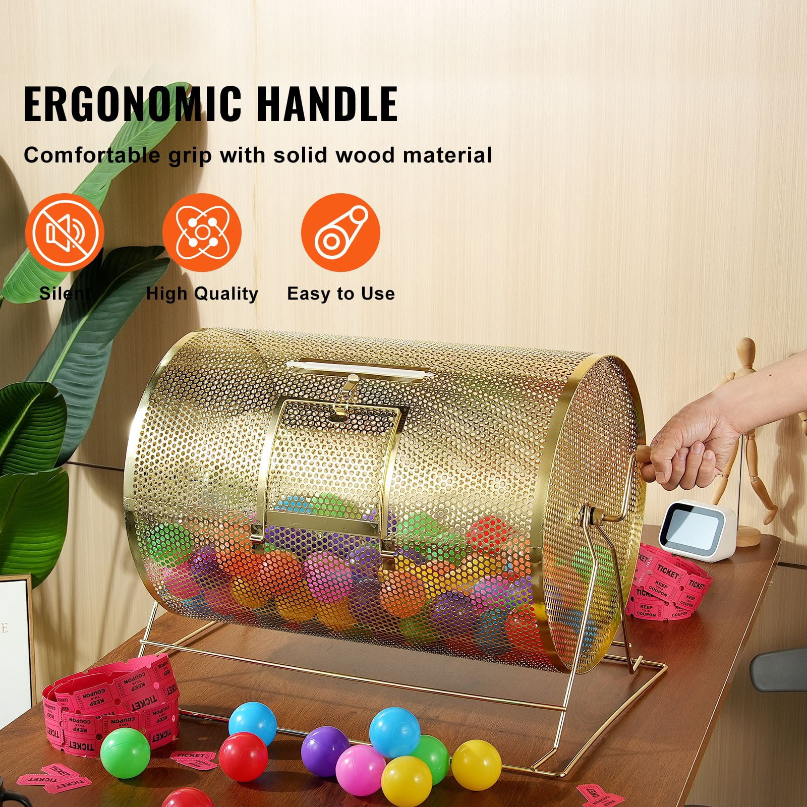 Raffle Drum, Holds 10000 Tickets or 300 Ping Pong Balls, Metal Lottery Spinning Drawing with Wooden Turning Handle, 14.8 x Ø21.26 inch Brass Plated Raffle Ticket Spinning Cage, for Bingo Ballot