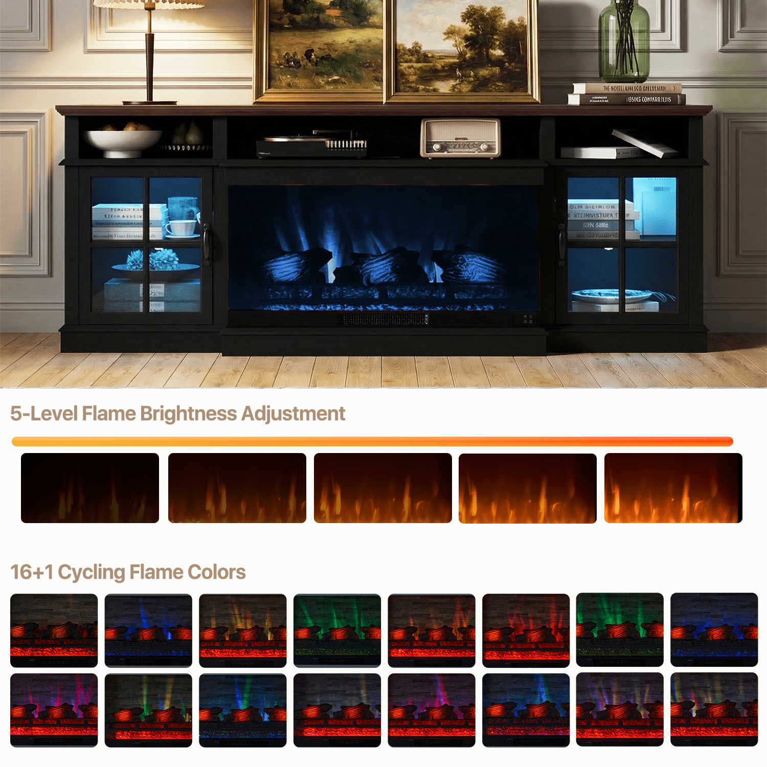 BaPiPro 70" Farmhouse Fireplace TV Stand for TVs Up to 80", Entertainment Center with 3-Sided 36" Electric Fireplace & LED Lights, 2 Drawers & 2 Storage Cabinet, Black