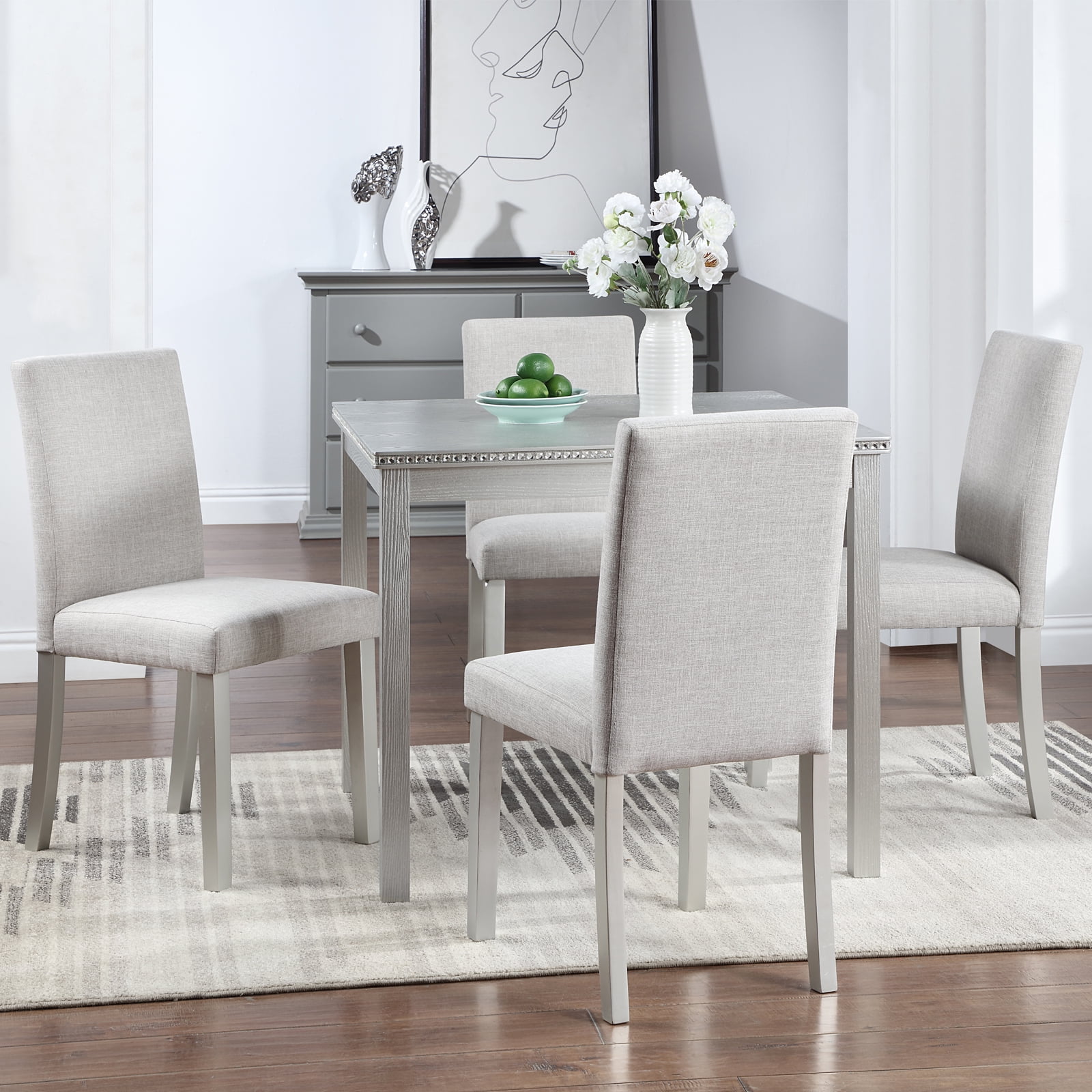 MAYEERTY 5 Piece Wooden Dining Table Set, Kitchen Table Set with a Square Table and 4 Upholstered Chairs, Wooden Dining Room Table with Crystal Decoration Chairs Set Silver grey
