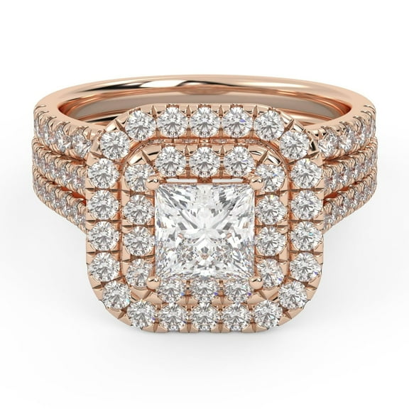 AFFY Half Eternity Double Halo Bridal Ring Set for Women Center 5.20MM Princess and Round Lab Created Moissanite Engagement Wedding Rings In 10K Solid Rose Gold Size 10