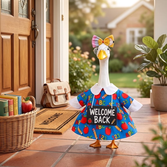 Campus Style Porch Clothing for 23 Inch Porch Geese, Teacher Outfit with Pencil Bow Glasses and Welcome Sign, First Day of School Decor for Classroom Door Teacher Display